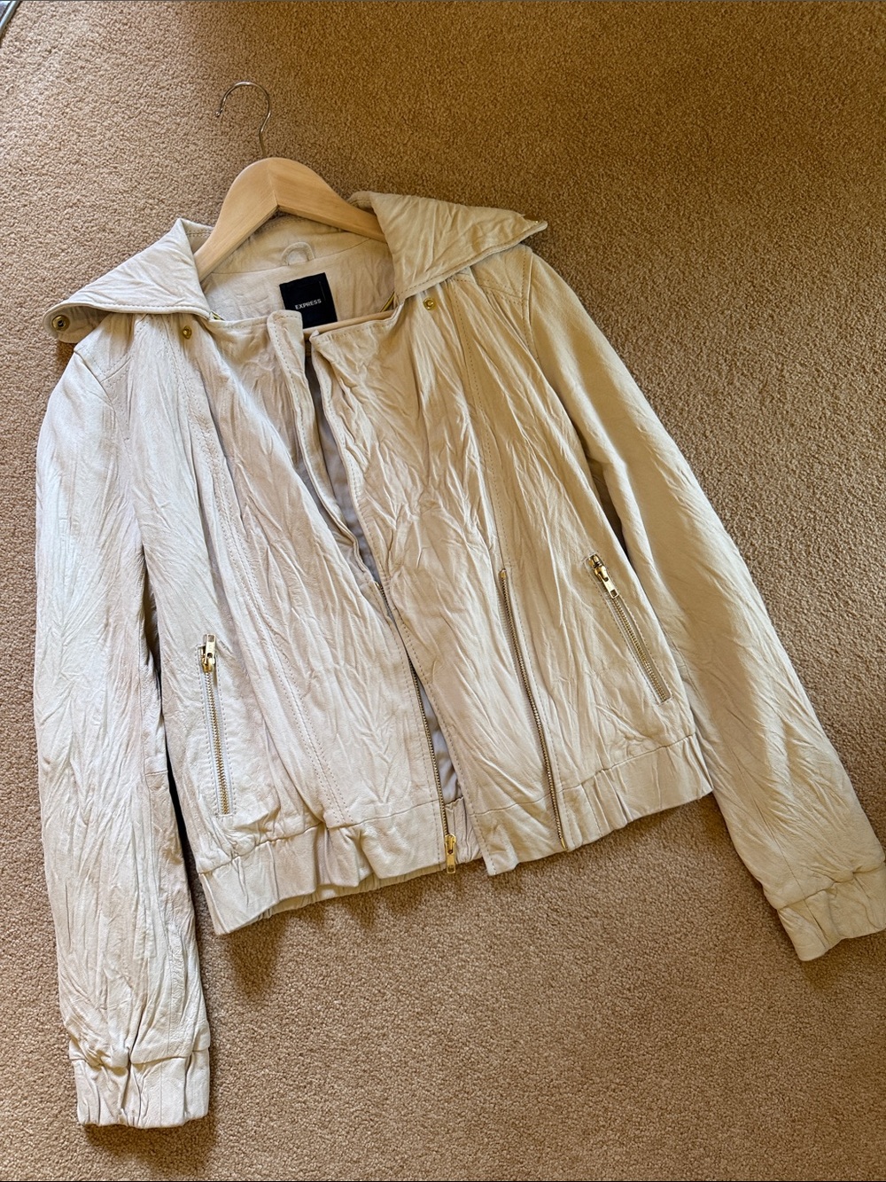 Express Cream Leather Jacket with Gold Zippers with Flap Collar